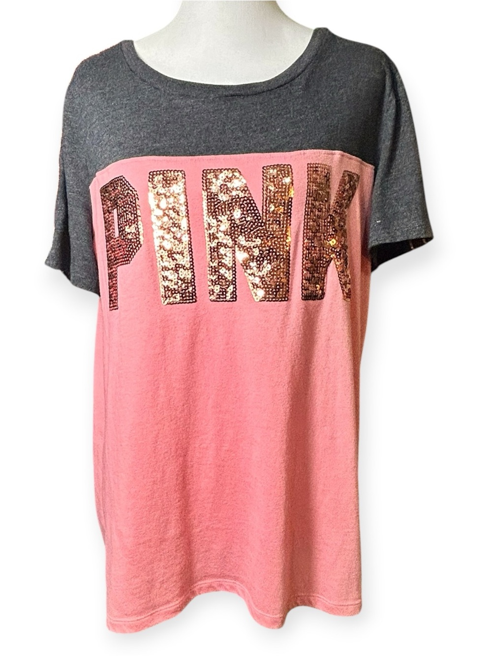 Victoria's Secret PINK Sequin Logo Short Sleeve Tee Gray/Pink/Gold L